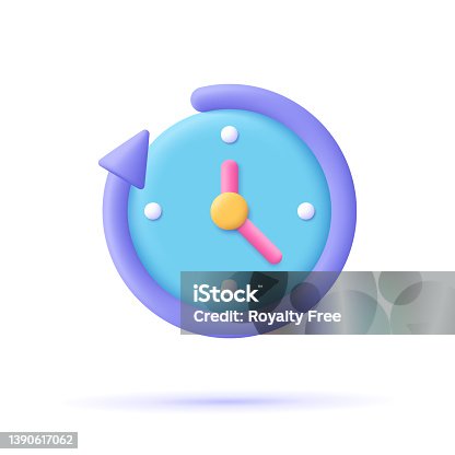 istock Round clock with arrow. Time keeping , measurement of time, time management and deadline, working hours concept. 3d vector icon. Cartoon minimal style. 1390617062