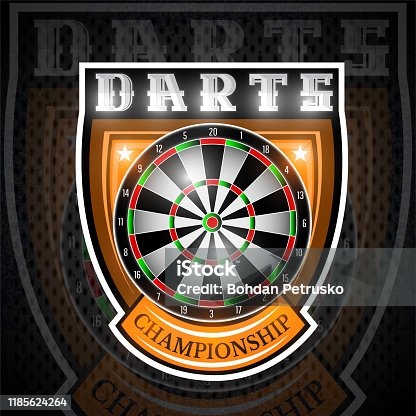 istock Round dartboard in center of shield. Sport label for any darts game or championship 1185624264