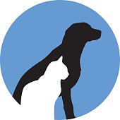 Vector illustration of a white cat and a black dog and a round blue background.