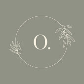 Round Floral frame with the Letter O. Wedding Monogram with Olive Branch in Modern Minimal Liner Style. Vector template for Invitation Cards, Save the Date. Botanical illustration