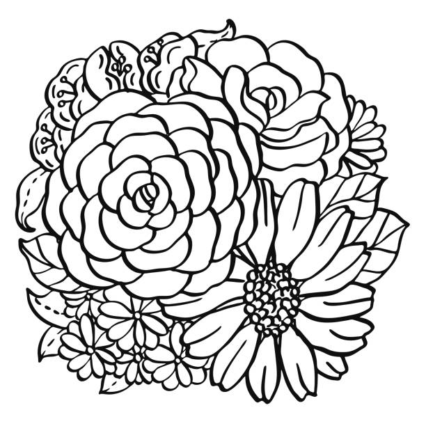 Round flower bouquet hand drawn line art illustration vector art illustration