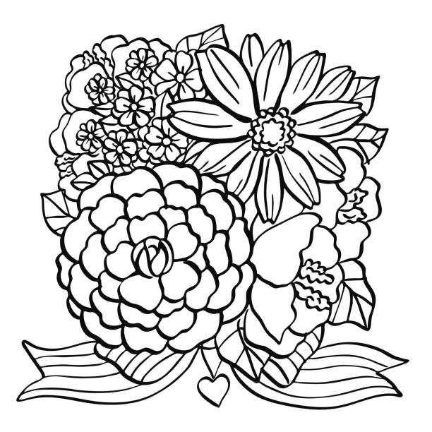 Round flower bouquet with ribbon hand drawn line art illustration vector art illustration