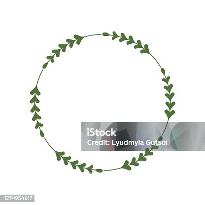 istock Round frame of green twigs with leaves. Design template for logo, invitation, greetings. Laconic stylish wreath. Minimalist border. Deciduous wreath. Vector illustration, stick, leaf 1274954617
