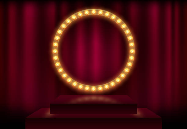 Round frame with glowing shiny light bulbs, vector illustration. Shining party banner on red curtain background and stage podium. Signboard with lamps border for lottery, casino, poker, roulette Round frame with glowing shiny light bulbs, vector illustration. Shining party banner on red curtain background and stage podium. Signboard with lamps border for lottery, casino, poker, roulette. performance borders stock illustrations