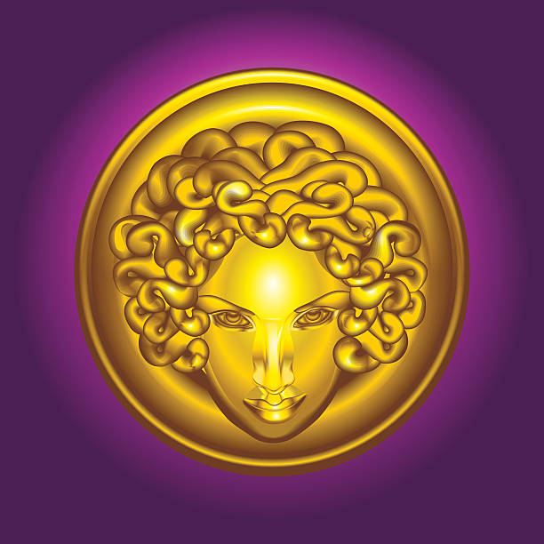 круглый золотой щит с голова медузы на горгона - medusa stock illustrations
