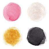 Set of pink, silver, gold, black vectorized round watercolor splashes.