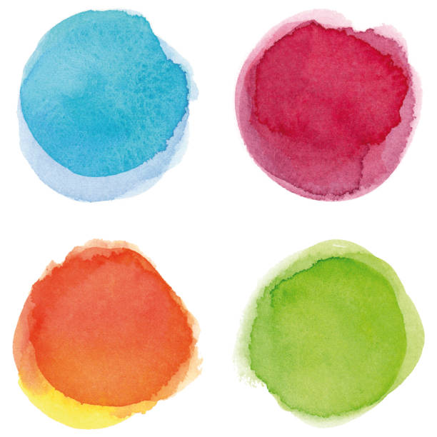 Round multicolored watercolor spots Set of blue, wine red, orange, green vectorized round watercolor splashes. watercolor paints stock illustrations