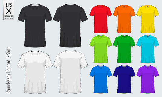 Round neck t-shirts templates. Set of colored shirt mockup in front view and back view for baseball, soccer, football , sportswear or casual wear. Vector