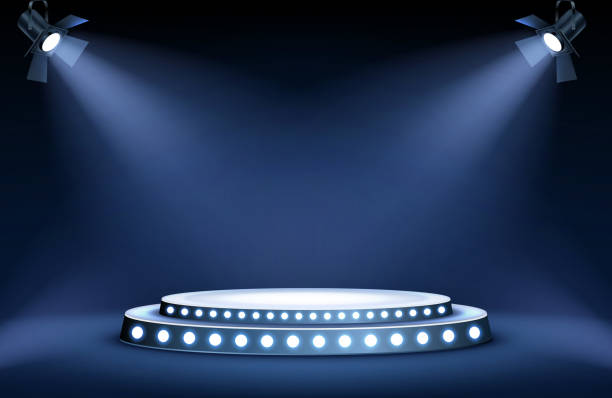 Round podium stage in spotlights rays, realistic Round podium or stage in the rays of spotlights, realistic vector illustration. Pedestal for winner or award ceremony, empty platform for presentation, performance or show at night club, soon coming performance backgrounds stock illustrations