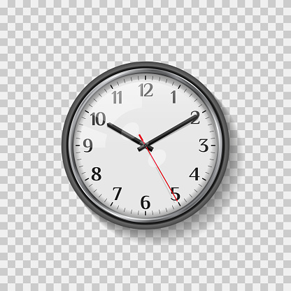 Round Quartz Analog Wall Clock. Minimalistic Modern Office Clock. Clock Face with Arabic numerals. Realistic Vector Art