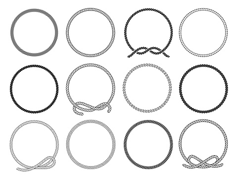Round rope set, twisted round pattern for decoration. Collection of loops. Vector flat style cartoon illustration isolated on white background