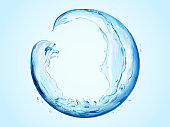 Round sphere made of flowing liquid, transparent liquid splashes for design uses in 3d illustration