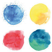 Set of blue, red, yellow, greenish vectorized round watercolor splashes.