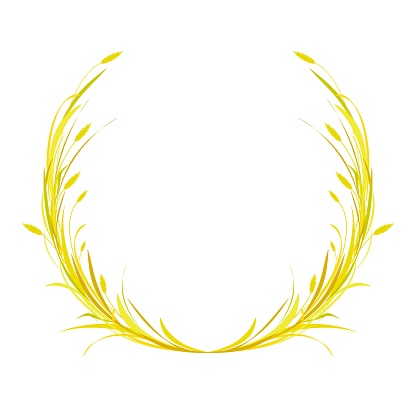 Round wreath, laurel or crown with gold and brown ears of wheat, barley or rye and blades of grass.