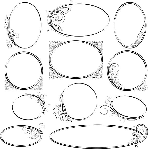 Rounded ornamental frames Collection of eleven simple elliptical shaped frames of different sizes, decorated with swirl floral ornaments.File contain EPS8 and large JPEG. growth borders stock illustrations
