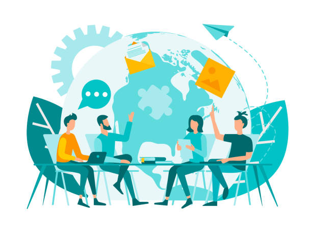 Roundtable office meeting. Worldwide teamwork, corporate meeting. Concept vector illustration. vector art illustration