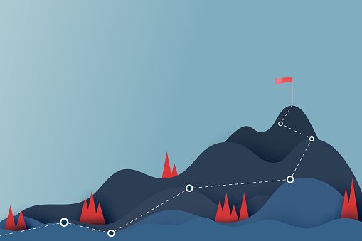 Route to the red flag on the top of mountain.Mountain peak overcoming.Goal achievement and Business success concept.Paper art vector illustration.