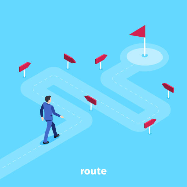 route isometric vector image on a blue background, a man in a business suit goes along a winding road to his goal, the way in marketing journey stock illustrations