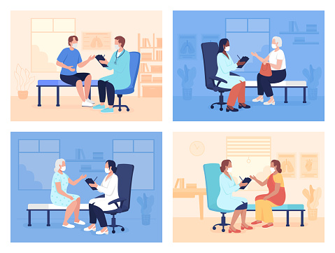 Routine doctor appointment flat color vector illustrations set