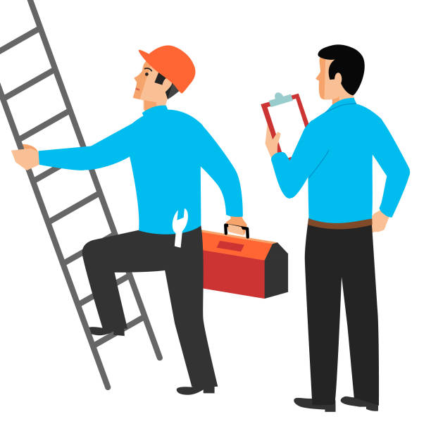 Routine Inspection Man with toolkit about to climb a ladder construction worker safety checklist stock illustrations