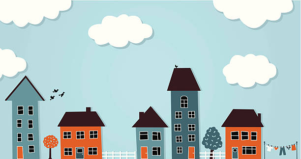 Row of different houses with clouds in sky vector art illustration