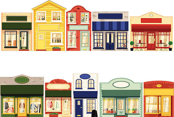 Row of ten small boutique shops Ten isolated and individual 'boutique' type shops. Shops included are; cafe, shoe shops, clothing shops, restaurant, grocers, bakers and pharmacy. All have blank signage for your own messages. Shops can be tiled together easily in any order for your own Main Street! small town america stock illustrations
