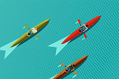 Rowing team. Top view of kayak boat. Canoe race vector illustration, flat style. Water sport background.
