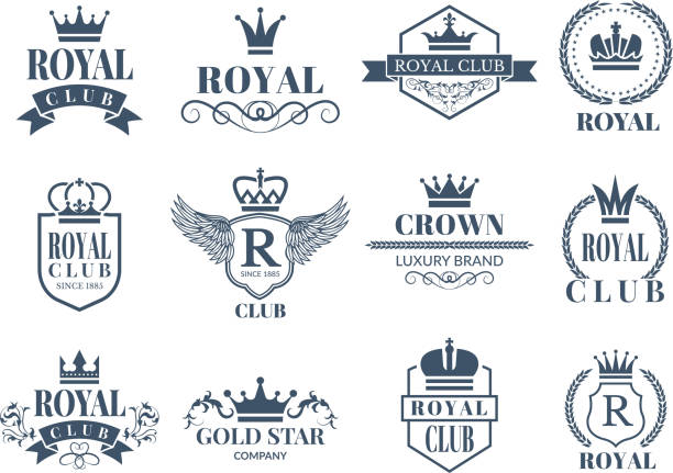 Royal and luxury badges set Royal and luxury badges set. Royal badge and luxury vintage emblem. Vector illustration crown headwear stock illustrations