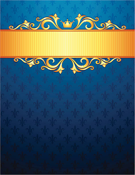 Royal background with golden ornaments, blue fleur de lys pattern vector art illustration