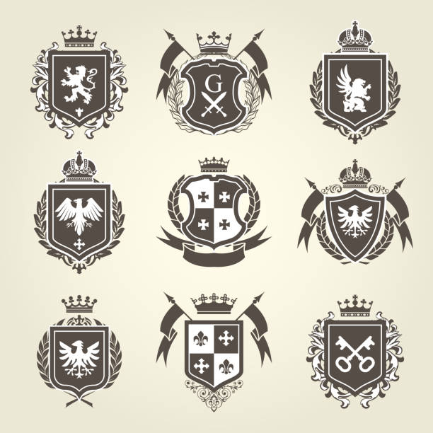 ilustrações, clipart, desenhos animados e ícones de brasões reais e o brasão de armas - cavaleiro emblemas heráldicos - insígnia