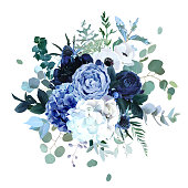 Royal blue, navy garden rose, white hydrangea flowers, anemone, thistle, eucalyptus, peony, berry vector design wedding bouquet. Eucalyptus, greenery. Floral watercolor style. Isolated and editable