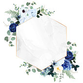 Royal blue, navy garden rose, white hydrangea flowers, anemone, thistle, eucalyptus, vector design marble frame. Textured card. Eucalyptus, greenery. Floral geometric style. Isolated and editable