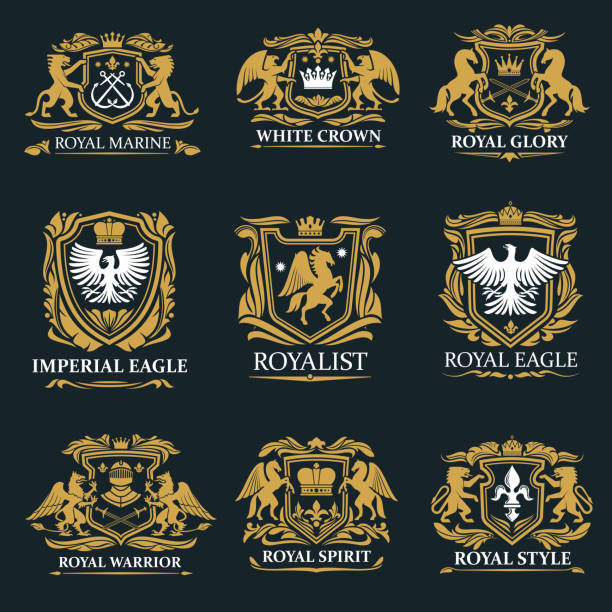 Royal crown heraldry, coat of arms Heraldry golden royal signs and coat of arms. Vector marine symbol with crossed anchors, crown and glory, imperial eagle and royalist. Warriors spirit, gryphon and griffin, pegasus and falcon pegasus stock illustrations