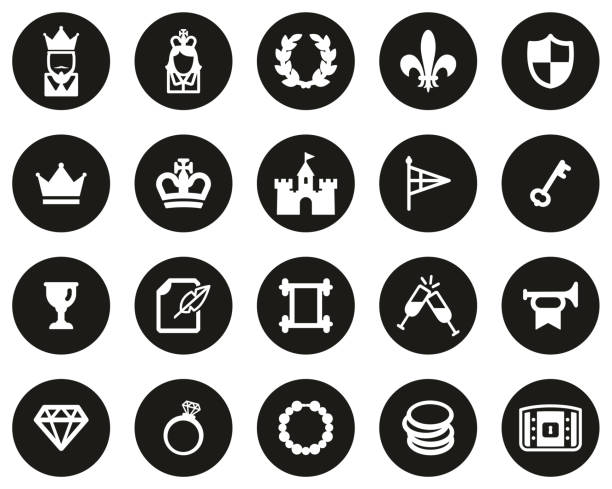 ilustrações de stock, clip art, desenhos animados e ícones de royalty or royal blood icons white on black flat design circle set big - royal blood