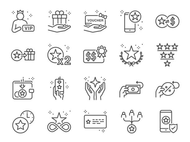 Royalty program line icon set. Included icons as member, VIP, exclusive, reward, voucher, high level and more. Royalty program line icon set. Included icons as member, VIP, exclusive, reward, voucher, high level and more. incentive stock illustrations