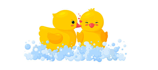 Rubber duck kissing another duck. Yellow toys in foam. Vector illustration Rubber duck kissing another duck. Yellow toys in foam. Vector illustration in cartoon style bills saints stock illustrations