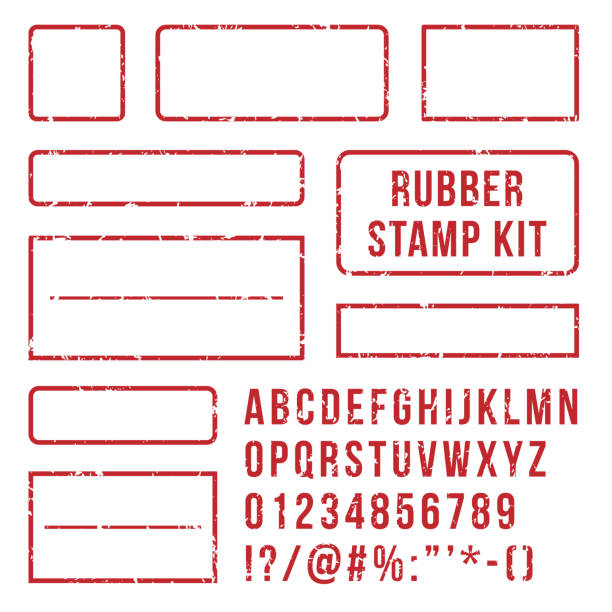 スタンプ文字。赤は、フレームと活版印刷の記号をフォント番号をスタンプします。キットのベクトルのセットをマークします。 - 郵便切手点のイラスト素材／クリップアート素材／マンガ素材／アイコン素材