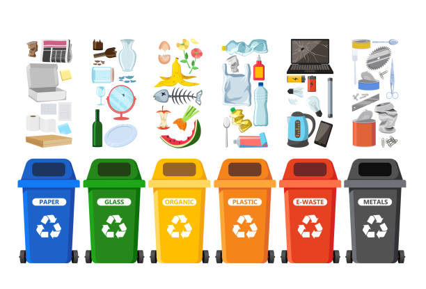 Rubbish bins for recycling different types of waste. Garbage containers vector infographics Rubbish bins for recycling different types of waste. Garbage containers for trash sorted by plastic, organic, e-waste, metal, glass, paper. Vector illustration glass material illustrations stock illustrations