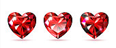Set Rubin in the shape of a heart. Red gemstone, decor for Valentine's Day, International Women's Day. Isolated on a white background. 3d realistic vector illustration.