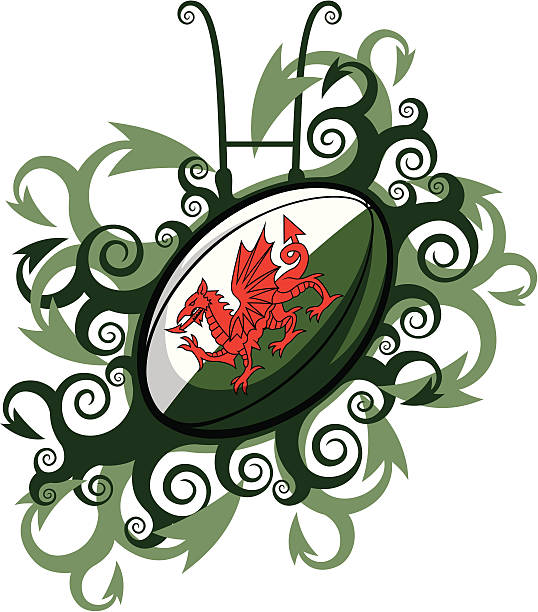 Rugby Ball Emblem Wales A decorative rugby emblem. Contains a  rugby ball sporting the Welsh flag. Surrounding pattern consisting of dragons tails. rugby league stock illustrations