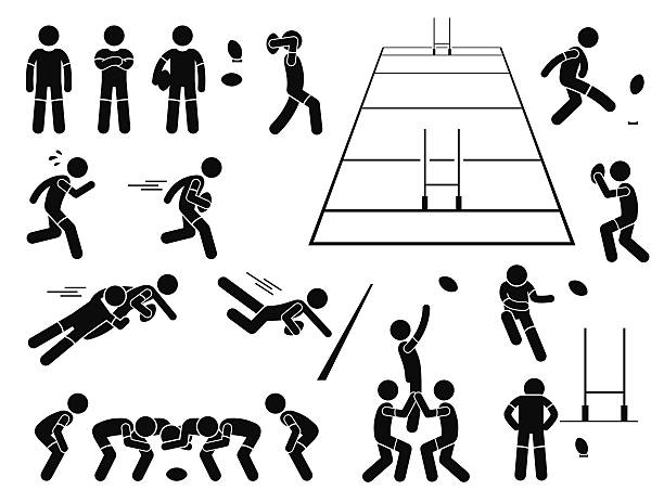 rugby-spieler maßnahmen posen stick figure pictogram icons - blick in die kamera stock-grafiken, -clipart, -cartoons und -symbole