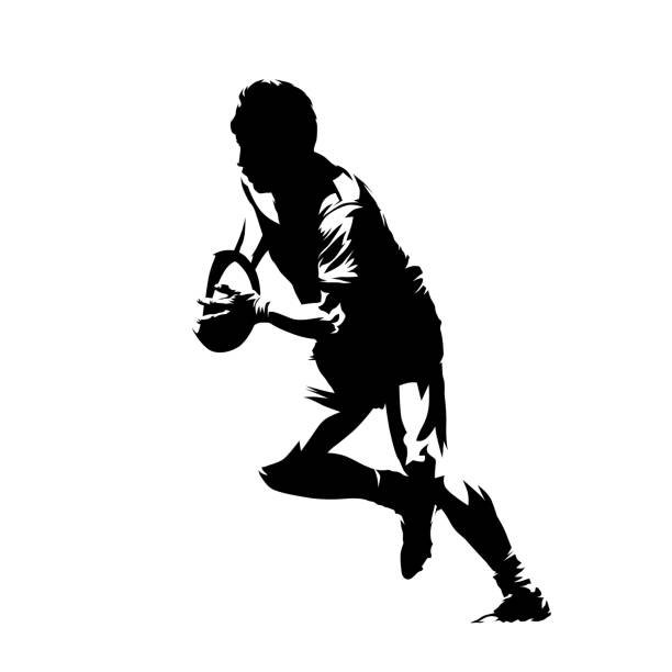 illustrations, cliparts, dessins animés et icônes de joueur de rugby fonctionnant avec la bille, silhouette de vecteur isolée abstraite. vue latérale - rugby