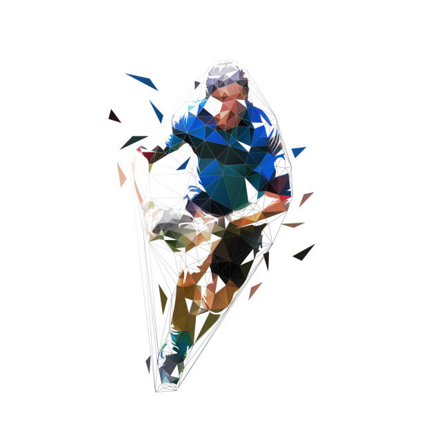 illustrations, cliparts, dessins animés et icônes de joueur de rugby fonctionnant avec la bille dans des mains, vue avant. illustration de vecteur polygonale basse d'isolement - rugby