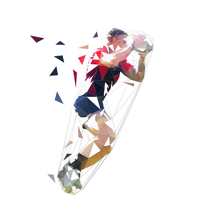 Rugby player running with ball in hands, side view. Isolated low polygonal geometric vector illustration