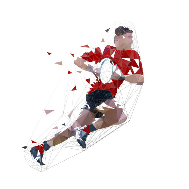 illustrations, cliparts, dessins animés et icônes de joueur de rugby fonctionnant avec la bille, l’illustration isolée de vecteur polygonale faible - rugby