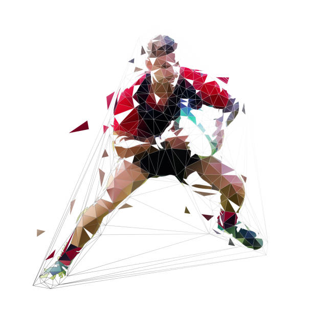 illustrations, cliparts, dessins animés et icônes de joueur de rugby fonctionnant avec la bille, l'illustration isolée de vecteur polygonale faible - rugby