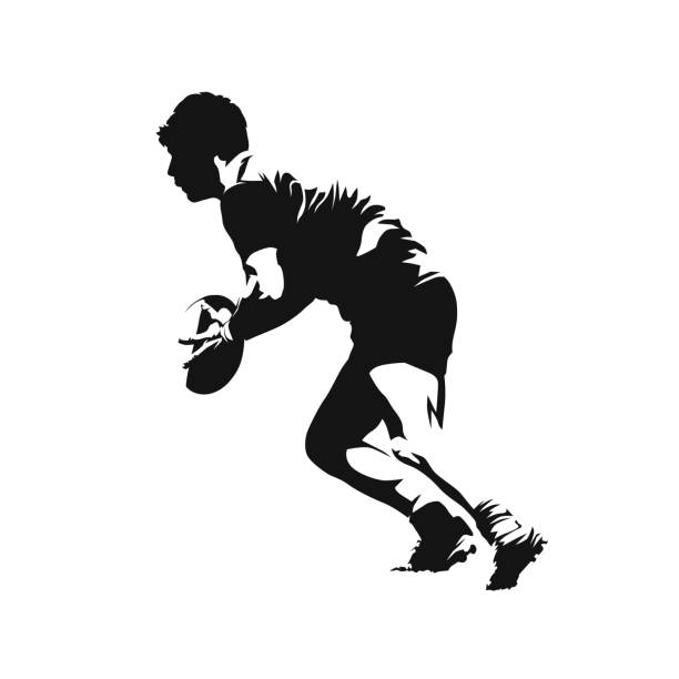 illustrations, cliparts, dessins animés et icônes de joueur de rugby fonctionnant avec la bille, silhouette de vecteur d'isolement, dessin d'encre - rugby