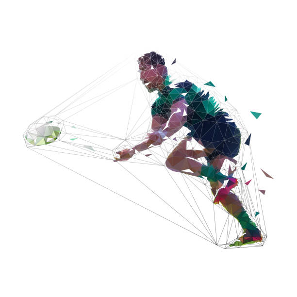 橄欖球運動員投擲球, 低多邊形向量例證。團隊運動 - 欖球 運動 幅插畫檔、美工圖案、卡通及圖標