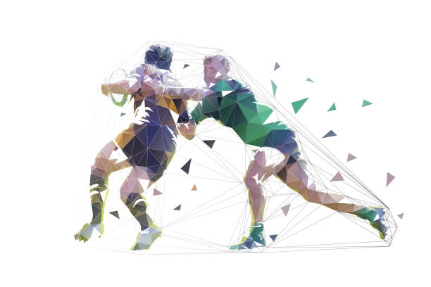 Rugby players, isolated low polygonal vector illustration. Two rugby players Rugby players, isolated low polygonal vector illustration. Two rugby players rugby league stock illustrations