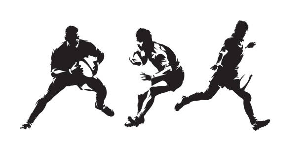 Rugby, set of rugby players isolated vector silhouettes. Abstract ink drawings. Team sport Rugby, set of rugby players isolated vector silhouettes. Abstract ink drawings. Team sport rugby ball stock illustrations